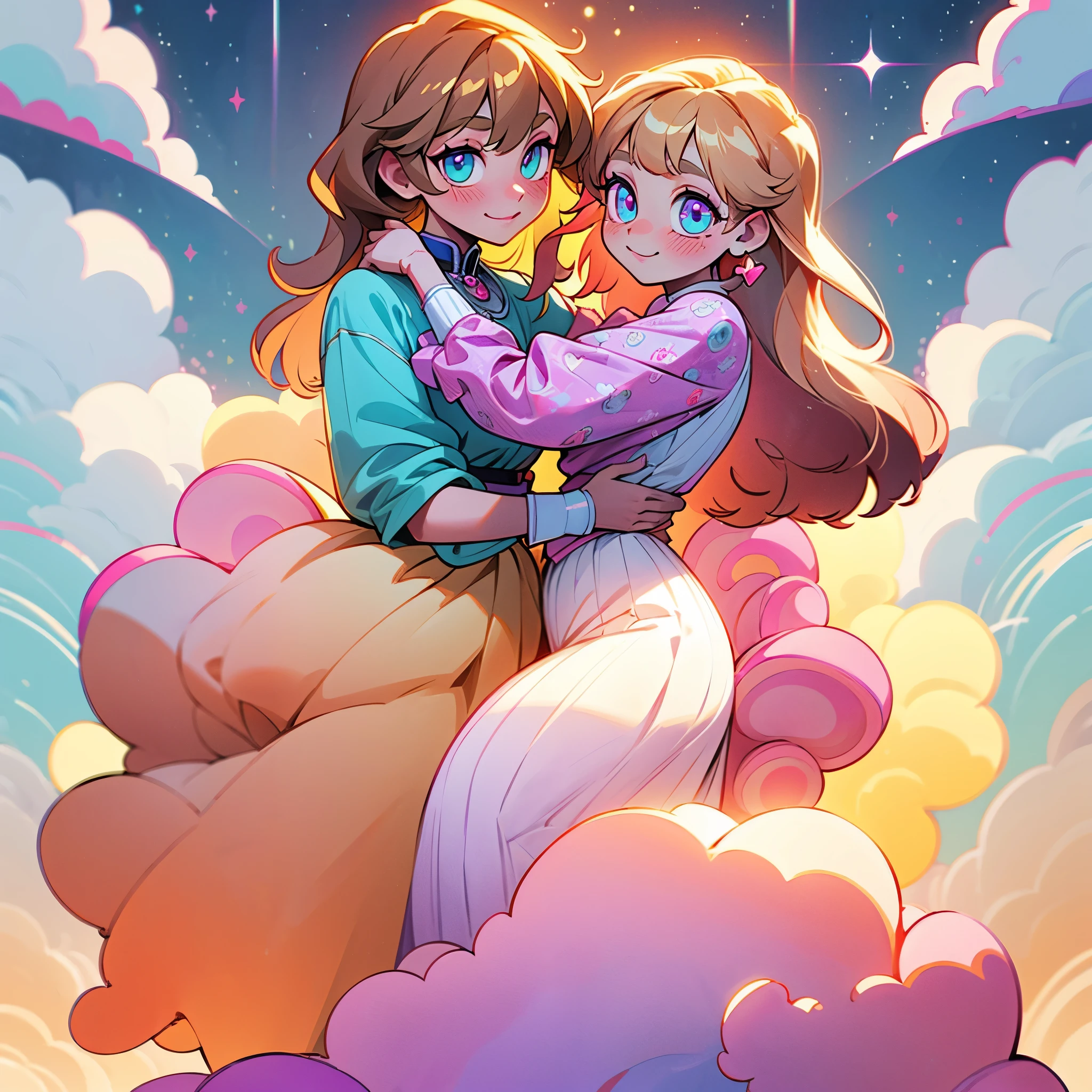 one beautiful girl in dress alone, smile calmly, dreamy colors, glowing around, light cloudy background, clouds, sunlight magic, symmetrical eyes, symmetrical nose, emerald eyes, black symmetrical pupils, straight dark blond hair with tender pink and purple curls, beige or white detailed casual closes with cute magic neon print, detailed magic background, magic, neon lights, UHD, 128k