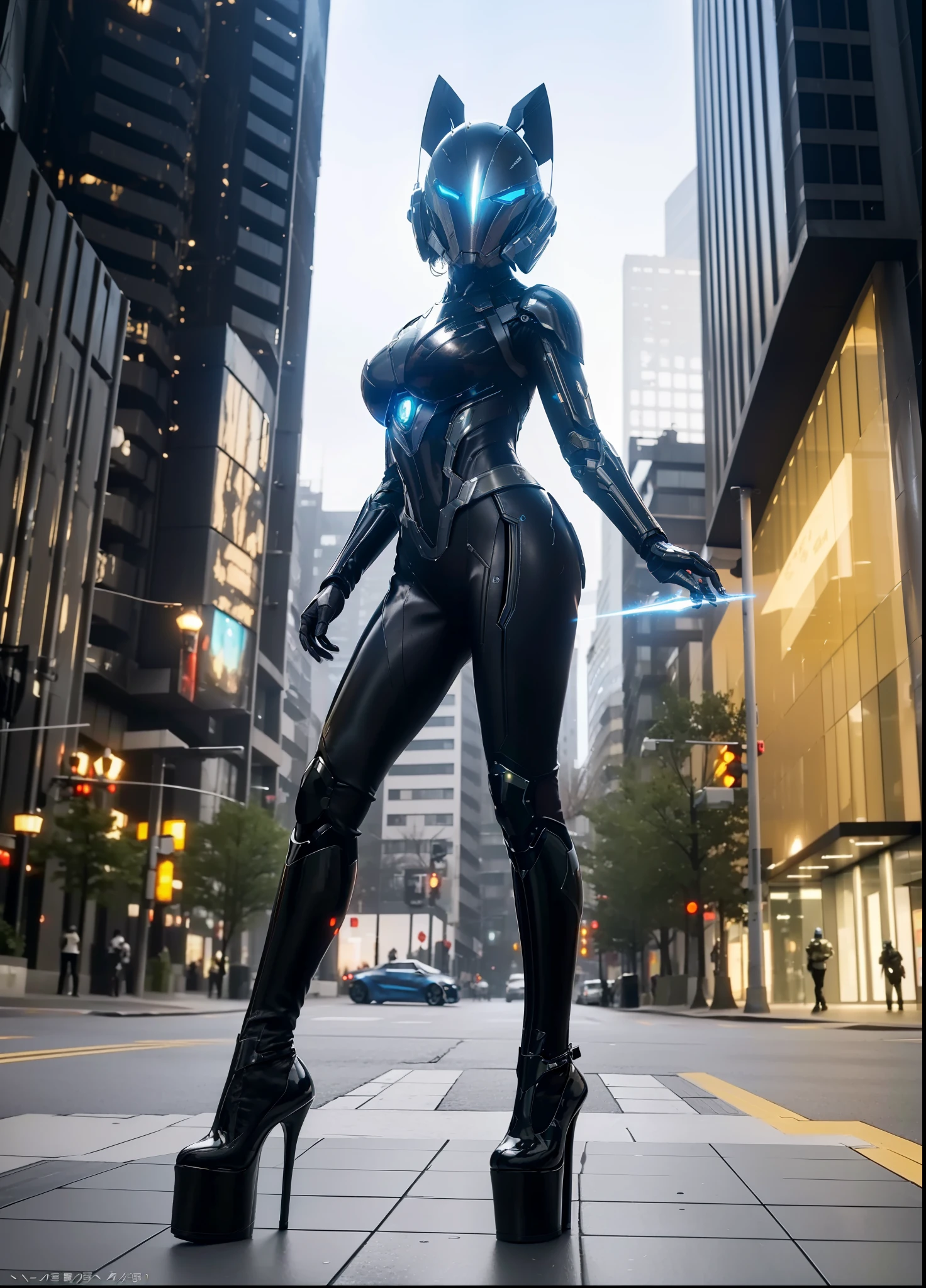 Futuristic high-tech style,best quality,Fairy skin,(Every time :1.2),Everlasting,super detailed,actual,high quality,light lighting,Ray tracing,ultra high definition,upper part of body, Future Iron Man mecha,shooting,battery,Launching equipment,Large-caliber artillery,Ros Tran 8K,Mecha Cyber Armored Tank Girl,Wearing a cyberpunk technology helmet,Star Warframe Helmet,There is a breathing light on the body,The armor of the future shines,armed cannon,High-tech warframe,platform high heels