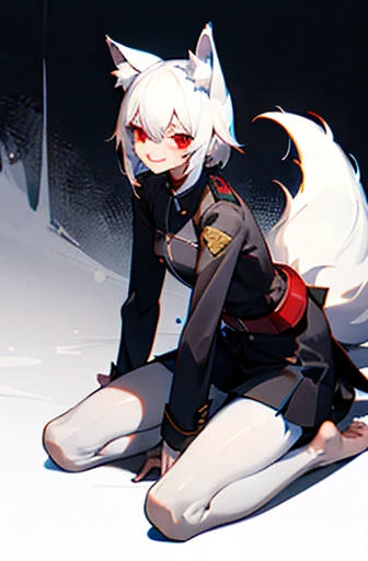 Black hair, wolf ears and tail, red eyes, evil smile, white hair, pantyhose, barefoot, uniform