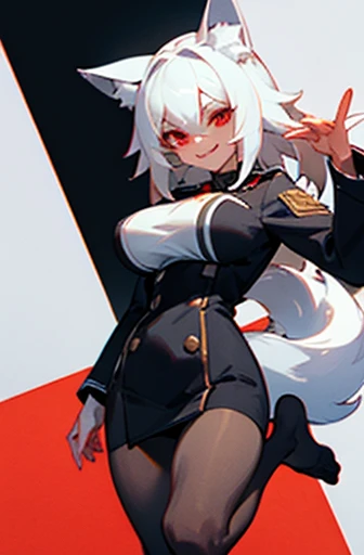 white Wolf furry Girl, ((girl with two heads)), red eyes, white hair, big breasts, thicc, punching a punching bag, robot cyberpunk gloves, in the gym, happy, amile, fangs,