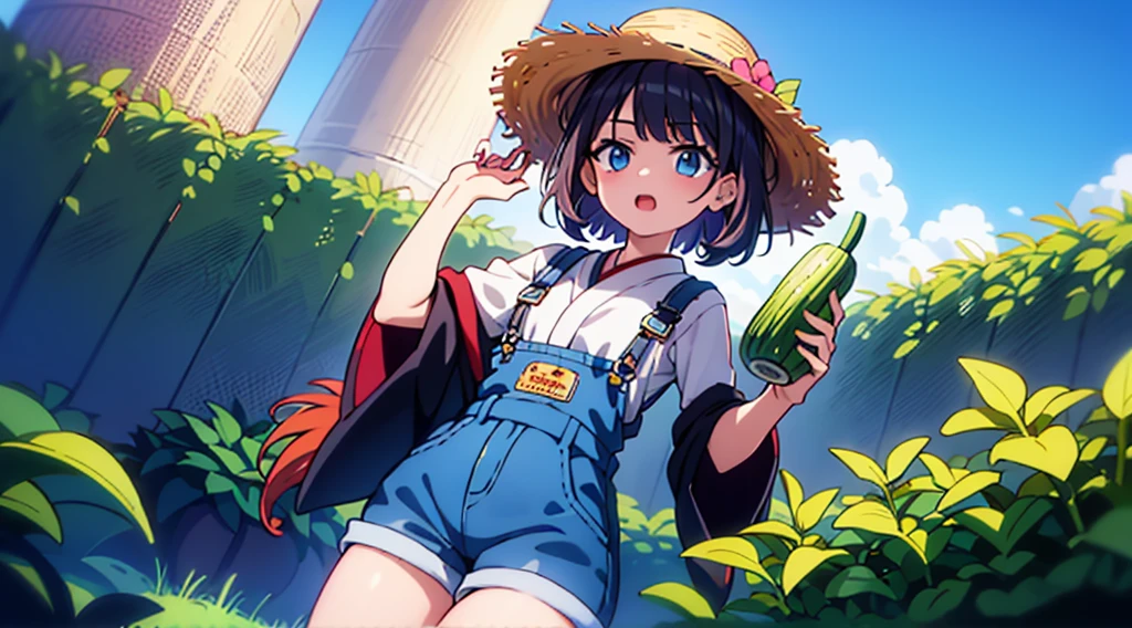 1 garota, Jovem, kind_olhos castanhos, vermelho escuro, Frohawk, arrogante _face, pele brilhante, medium breasts, nice leg line:1.3, coxas grossas, cintura fina, agricultor, simples, functional clothing appropriate for outdoor work, Like a straw hat, overalls, e botas resistentes, A large field or farm com crops growing and Japanese cucumber, Tending to o land, com a Japanese cucumber in hand, Plantar sementes ou colher culturas, taking care of livestock, Contente e em paz, alto_ponto_com_a_Claro_visualizar_de_o_estrelas, looking at visualizarer, random pose, dynamic angle, decote, Ombros nus, obra de arte, melhor qualidade