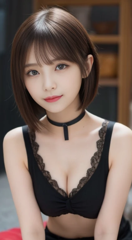 table top, highest quality, figure, super detailed, finely, High resolution, 8k wallpaper, 完璧なダイナミックな構figure, beautiful and fine eyes, (random womens fashion)、((Random short hair、Random hair color)),(big breasts:1.8、You can see beautiful cleavage、Wear a random choker)、natural color lip, bold sexy pose,smile,Harajuku、24-year-old woman、cute、sexy shot looking at camera