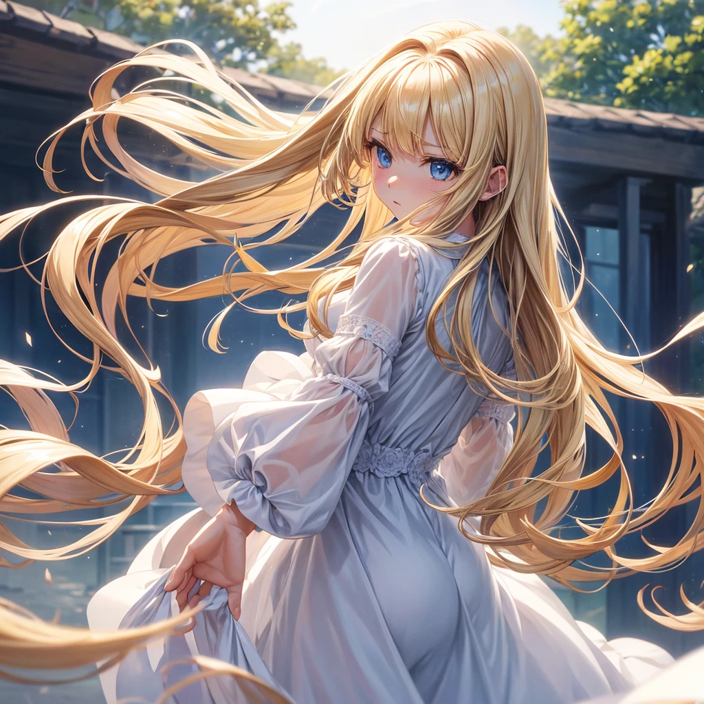 Best quality, Blonde haired anime girl, With wavy long hair, With Bangs, Cute, Sexy, White dress, Blue eyes, Annoyed, Angelic, Big , Heaven backgroumd