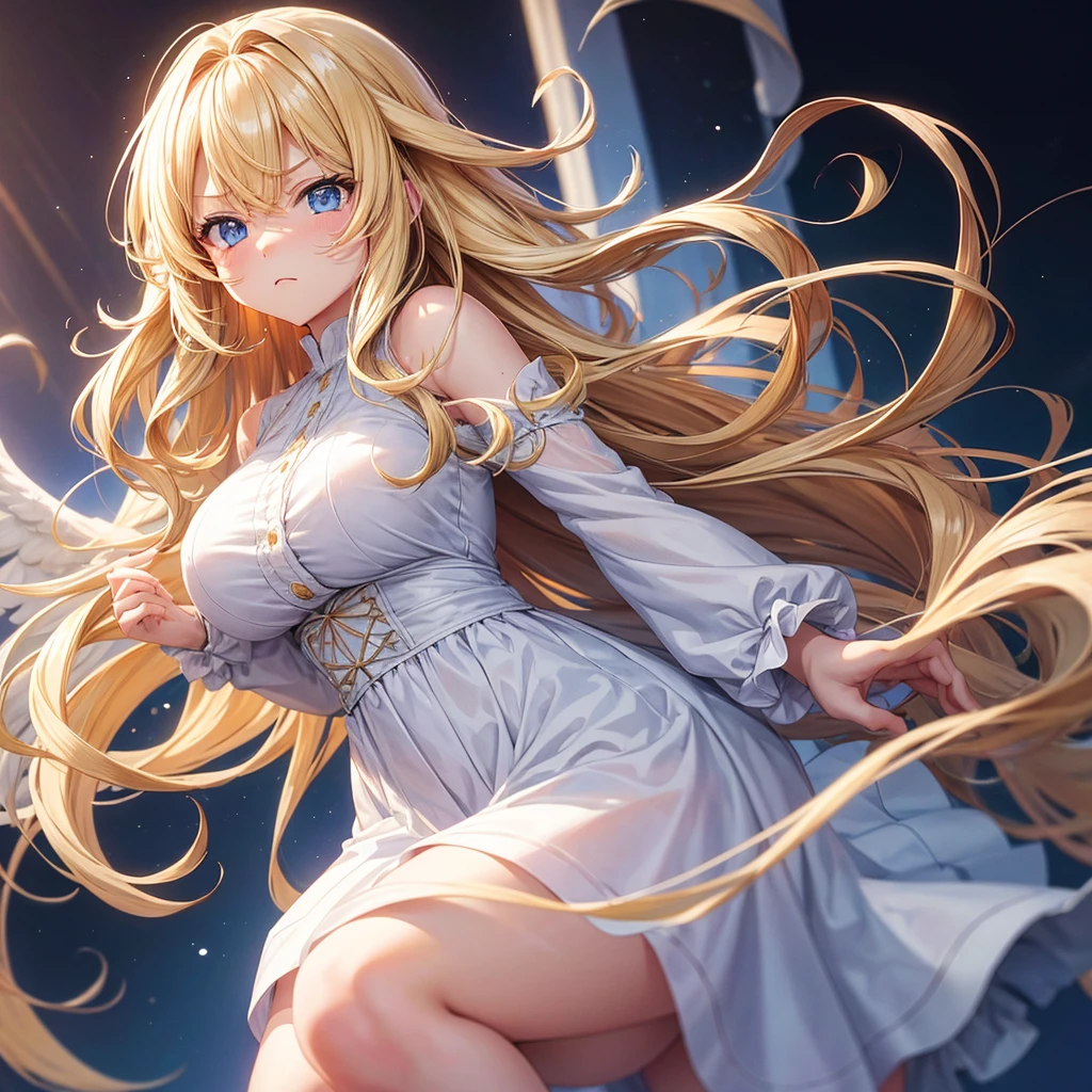 Best quality, Blonde haired anime girl, With wavy long hair, With Bangs, Cute, Sexy, White dress, Blue eyes, Annoyed, Angelic, Big , Heaven backgroumd