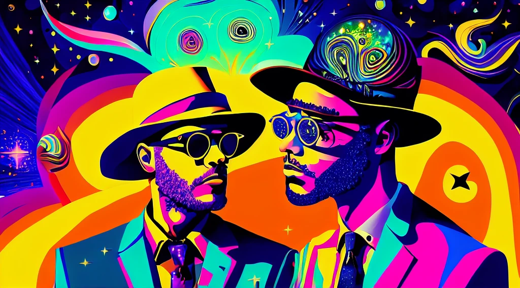 A close up of a person donning a hat and glasses, immersed in a psychedelic fever dream, in a retro psychedelic illustration style, reminiscent of an intense LSD trip. The scene is filled with surreal psychedelic designs, as if conjured from the depths of a hallucinogenic trip. Swirling colors and patterns dance around the figure's face, the hat and glasses adding a vintage touch to the psychedelic art style. The background, a psychedelic cosmic horror landscape, is intricately detailed, with stars and galaxies that seem to melt and contort in the psychedelic, conjured background. The overall mood