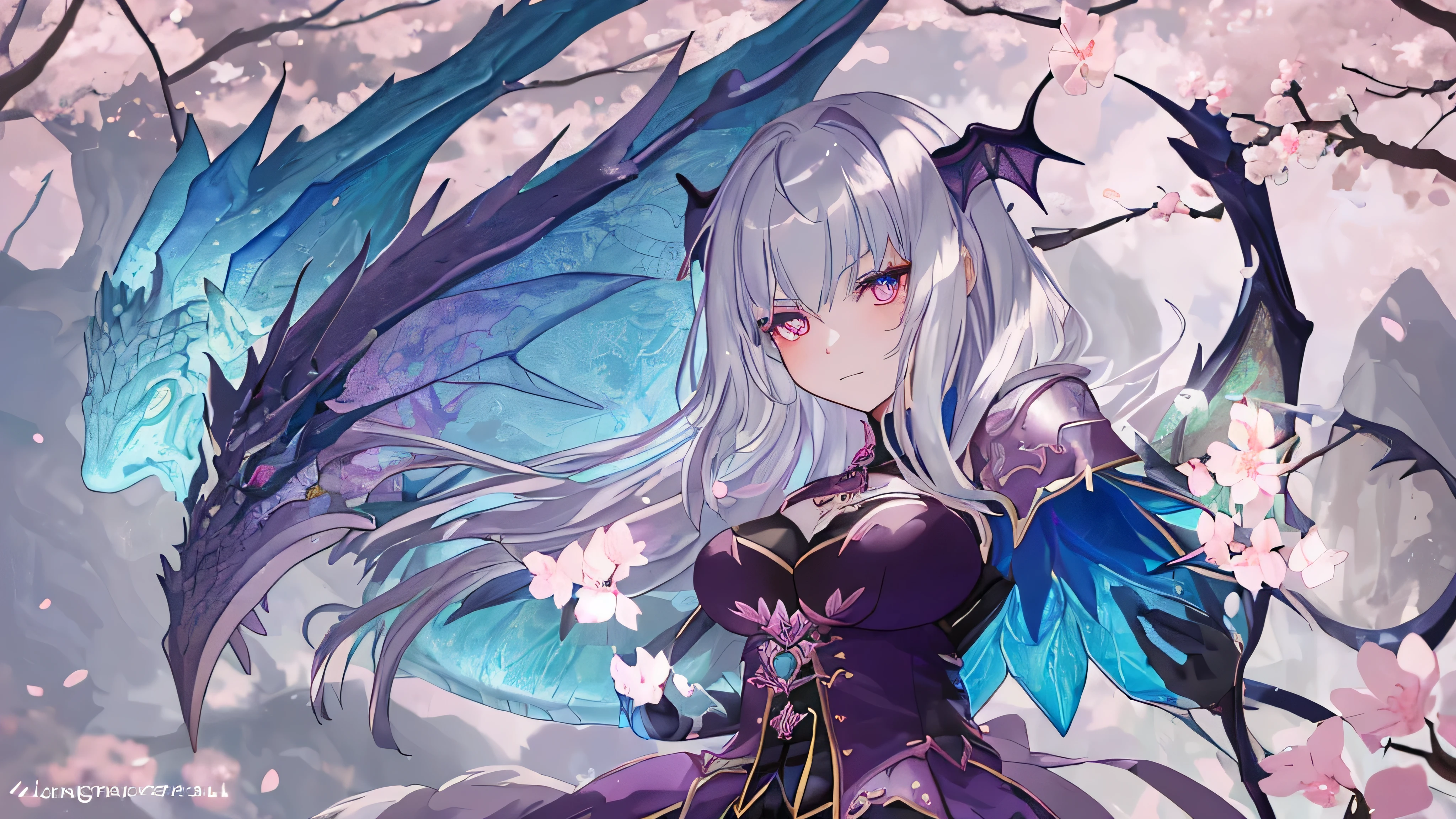(best quality, lebendige Farben, scharfer Fokus, ultradetailliert), Girl with dragon wings, silbernes langes Haar, blaue Augen, medium breast size, schwarze Kleidung, Cherry Blossom, weiche Farbpalette, ethereal lighting