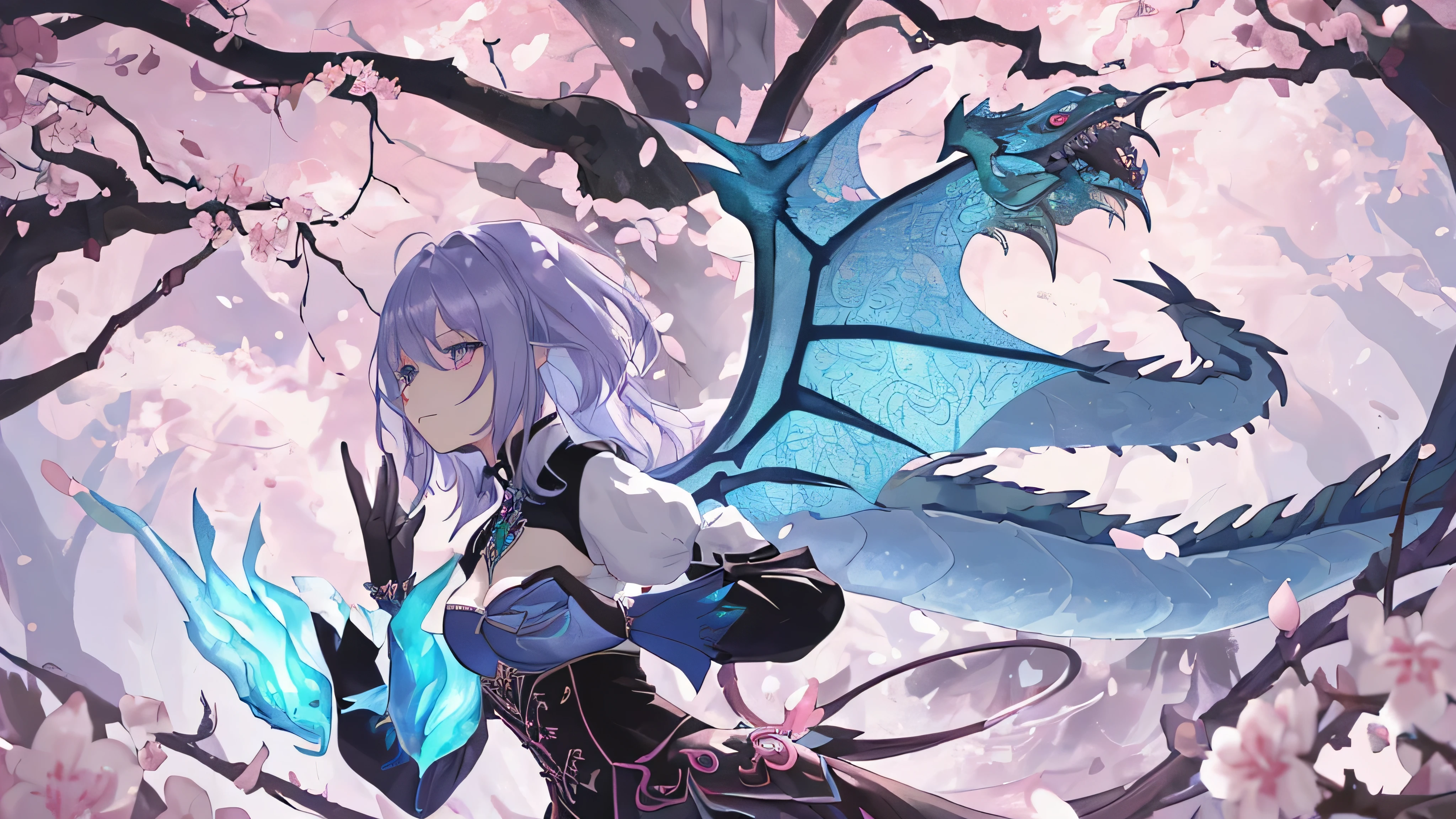 (best quality, lebendige Farben, scharfer Fokus, ultradetailliert), Girl with dragon wings, silbernes langes Haar, blaue Augen, medium breast size, schwarze Kleidung, Cherry Blossom, Portraits, weiche Farbpalette, ethereal lighting
