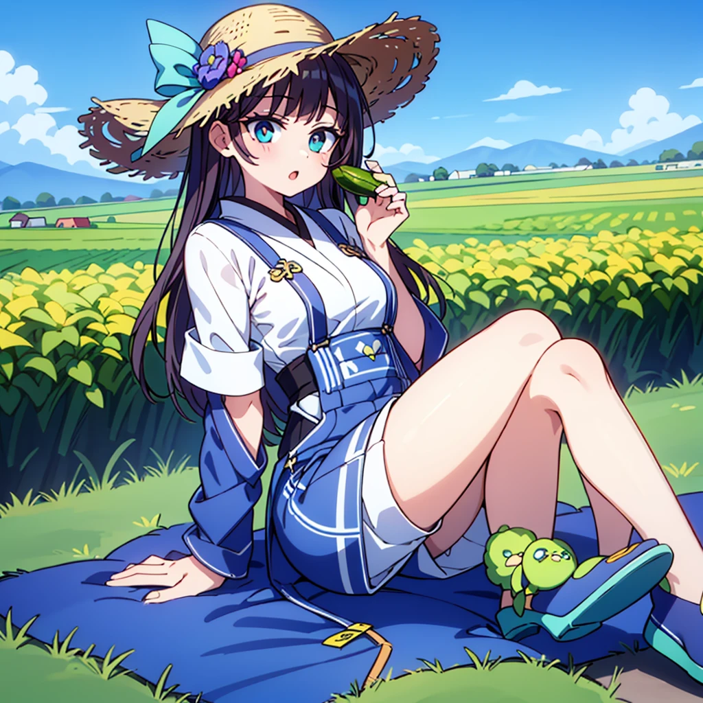 1 garota, Jovem, kind_olhos castanhos, vermelho escuro, Frohawk, arrogante _face, pele brilhante, medium breasts, nice leg line:1.3, coxas grossas, cintura fina, agricultor, simples, functional clothing appropriate for outdoor work, Like a straw hat, overalls, e botas resistentes, A large field or farm com crops growing and Japanese cucumber, Tending to o land, com a Japanese cucumber in hand, Plantar sementes ou colher culturas, taking care of livestock, Contente e em paz, alto_ponto_com_a_Claro_visualizar_de_o_estrelas, looking at visualizarer, random pose, dynamic angle, decote, Ombros nus, obra de arte, melhor qualidade