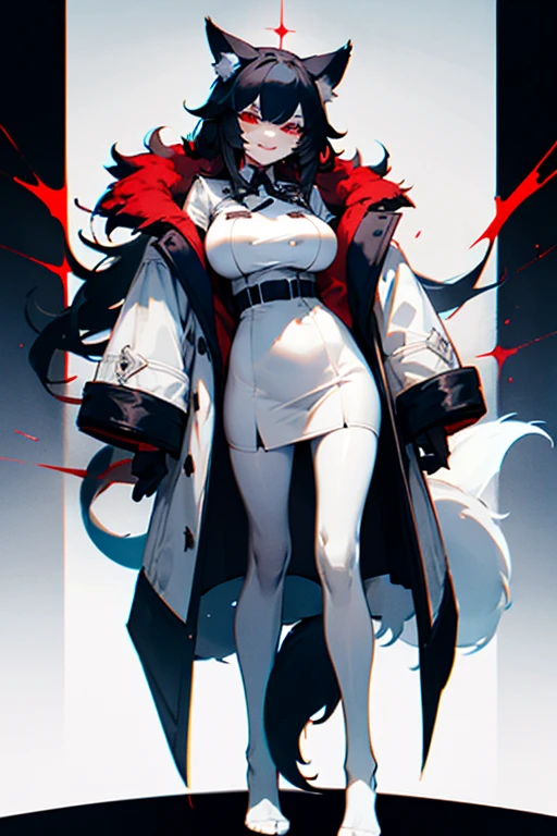 Black hair, wolf ears and tail, red eyes, evil smile, white hair, pantyhose, no shoes, uniform, large breast, teasing, pale skin, coat, standing