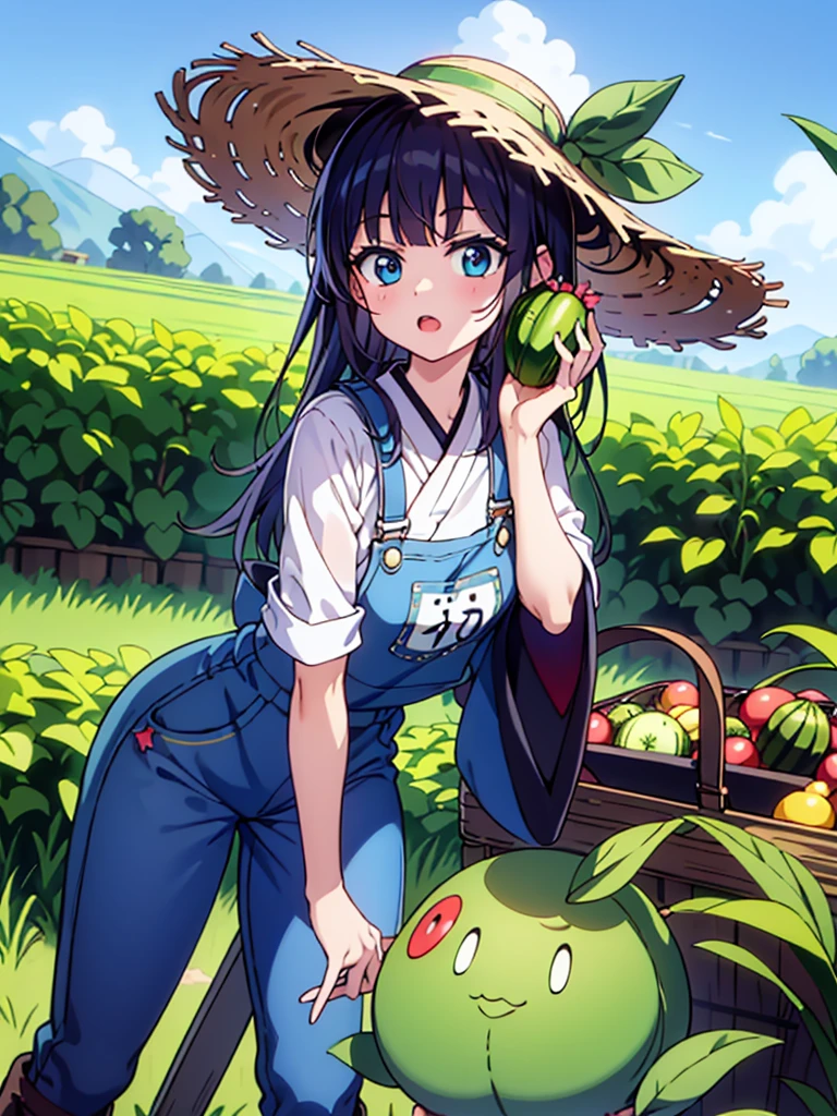1 garota, Jovem, kind_olhos castanhos, vermelho escuro, Frohawk, arrogante _face, pele brilhante, medium breasts, nice leg line:1.3, coxas grossas, cintura fina, agricultor, simples, functional clothing appropriate for outdoor work, Like a straw hat, overalls, e botas resistentes, A large field or farm com crops growing and Japanese cucumber, Tending to o land, com a Japanese cucumber in hand, Plantar sementes ou colher culturas, taking care of livestock, Contente e em paz, alto_ponto_com_a_Claro_visualizar_de_o_estrelas, looking at visualizarer, random pose, dynamic angle, decote, Ombros nus, obra de arte, melhor qualidade