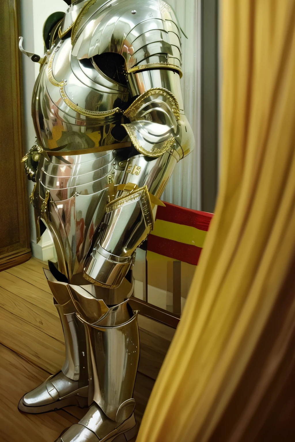 Close up of silver armor and red and yellow striped chair, beautiful armor, Silver and gold heavy armor, 带有薄Silver armor with gold trim, Silver armor with gold trim, Armor plates, gold and silver armour suit, polished steel armor, Gorgeous silver armor, silver metal armor, Chrome armor, stunning armor, Detailed silver armor, shiny silver metal armor,bald-headed,Brawny,beard,Strengthen your body,Strong limbs