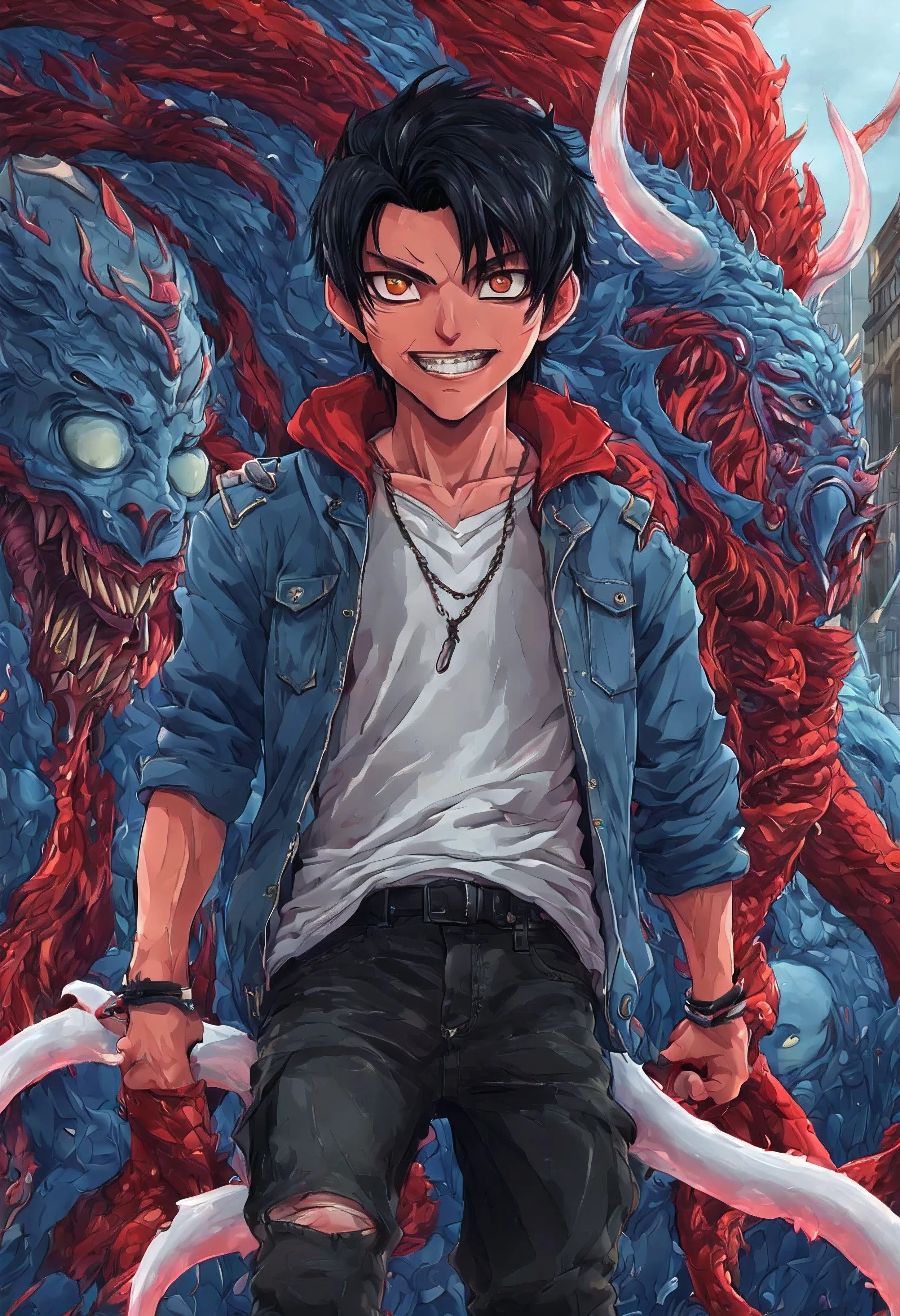 Detailed Anime Style, Masterpiece, Studio Quality, 6k, Full Body Shot, 1boy, Demon, Tusks, Teeth, Gray Eyes, Colored Skin, (Blue Colored Skin 0.9), Goth, Heavy Set, Black Hair, Detailed Background, Japenese Modern Town, Complementary Colors, Cinematic Lighting, Detailed Shading, Digital Texture Painting