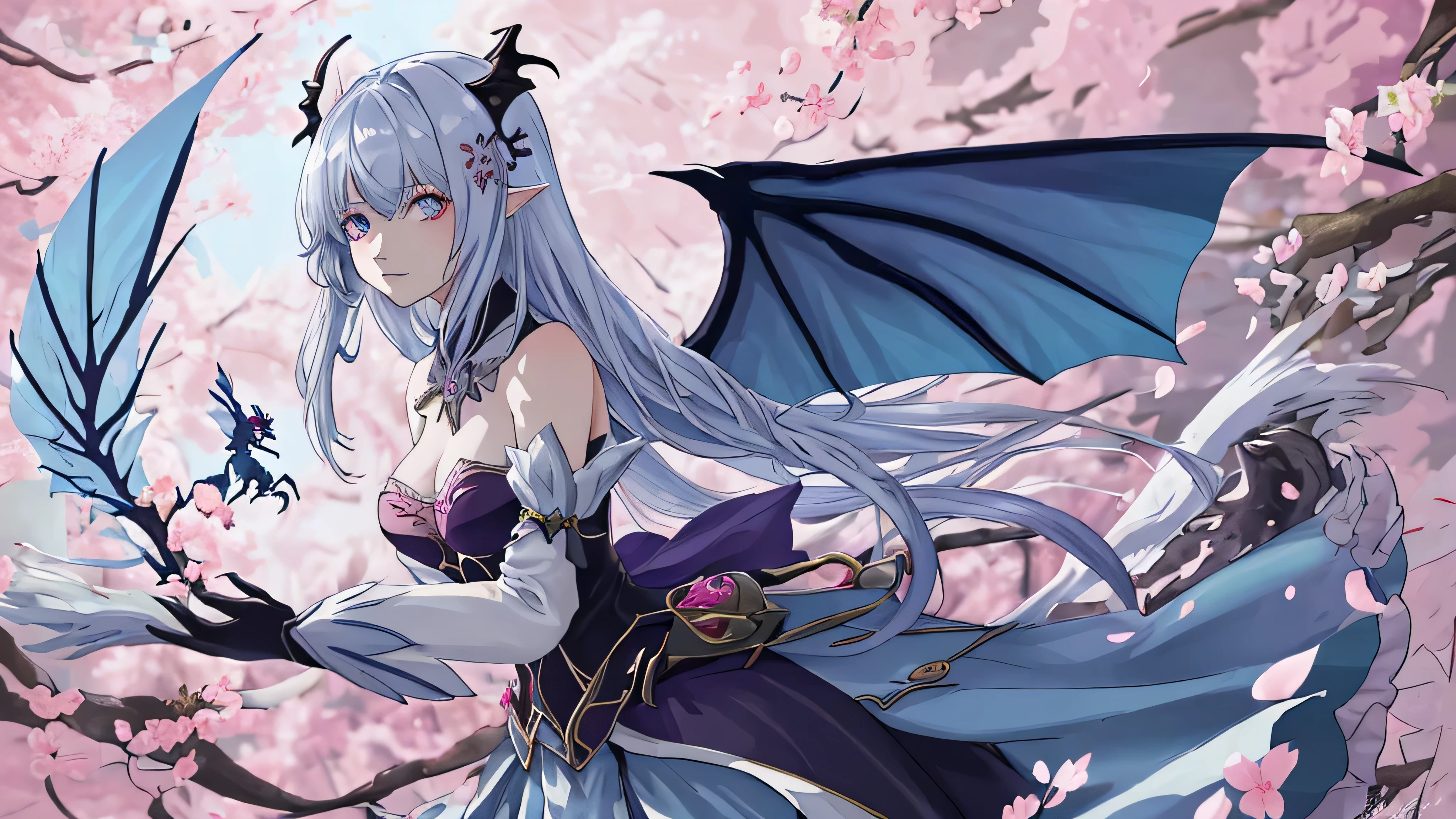 (best quality, lebendige Farben, scharfer Fokus, ultradetailliert), Girl with dragon wings, silbernes langes Haar, blaue Augen, medium breast size, schwarze Kleidung, Cherry Blossom, weiche Farbpalette, ethereal lighting