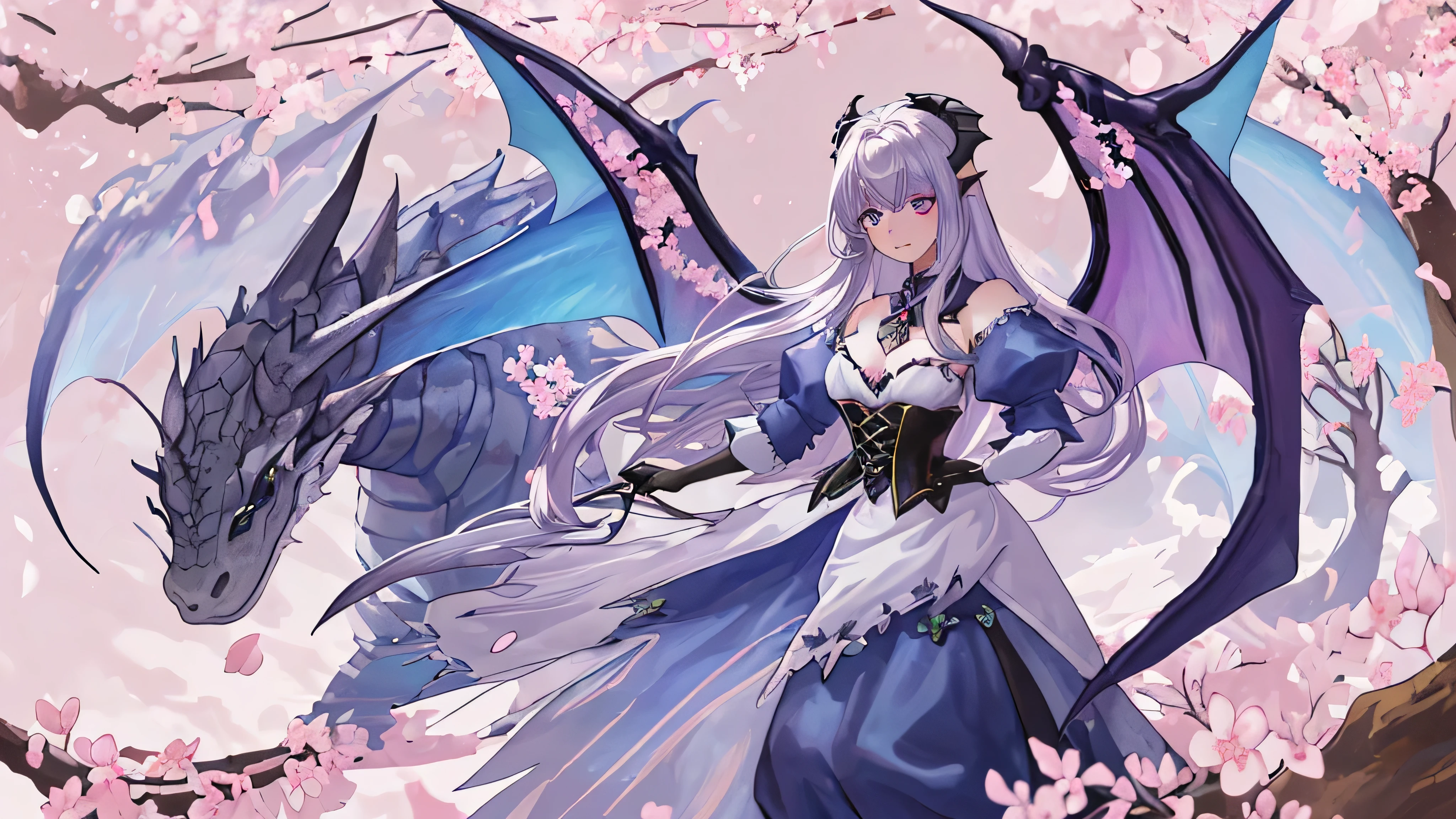 (best quality, lebendige Farben, scharfer Fokus, ultradetailliert), Girl with dragon wings, silbernes langes Haar, blaue Augen, medium breast size, schwarze Kleidung, Cherry Blossom, weiche Farbpalette, ethereal lighting