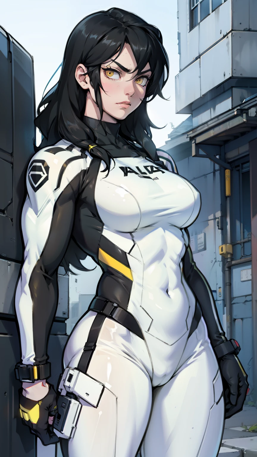 muscular girl thick muscular girl thick black hair yellow eyes pale sad pale tactical suit pale skin