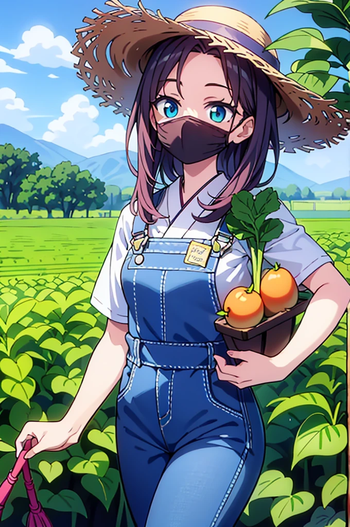 1 garota, Jovem, kind_olhos castanhos, vermelho escuro, Frohawk, arrogante _face, pele brilhante, medium breasts, nice leg line:1.3, coxas grossas, cintura fina, agricultor, simples, functional clothing appropriate for outdoor work, Like a straw hat, overalls, e botas resistentes, A large field or farm com crops growing and Japanese cucumber, Tending to o land, com a Japanese cucumber in hand, Plantar sementes ou colher culturas, taking care of livestock, Contente e em paz, alto_ponto_com_a_Claro_visualizar_de_o_estrelas, looking at visualizarer, random pose, dynamic angle, decote, Ombros nus, obra de arte, melhor qualidade