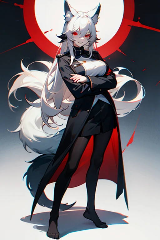 Black hair, wolf ears and tail, red eyes, evil smile, white hair, black pantyhose, no shoes, black uniform, large breast, teasing, pale skin, black coat, standing, arms crossed