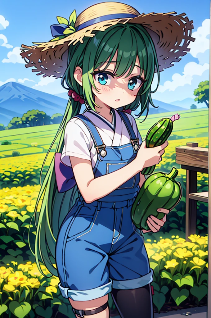 1 garota, Jovem, kind_olhos castanhos, vermelho escuro, Frohawk, arrogante _face, pele brilhante, medium breasts, nice leg line:1.3, coxas grossas, cintura fina, agricultor, simples, functional clothing appropriate for outdoor work, Like a straw hat, overalls, e botas resistentes, A large field or farm com crops growing and Japanese cucumber, Tending to o land, com a Japanese cucumber in hand, Plantar sementes ou colher culturas, taking care of livestock, Contente e em paz, alto_ponto_com_a_Claro_visualizar_de_o_estrelas, looking at visualizarer, random pose, dynamic angle, decote, Ombros nus, obra de arte, melhor qualidade