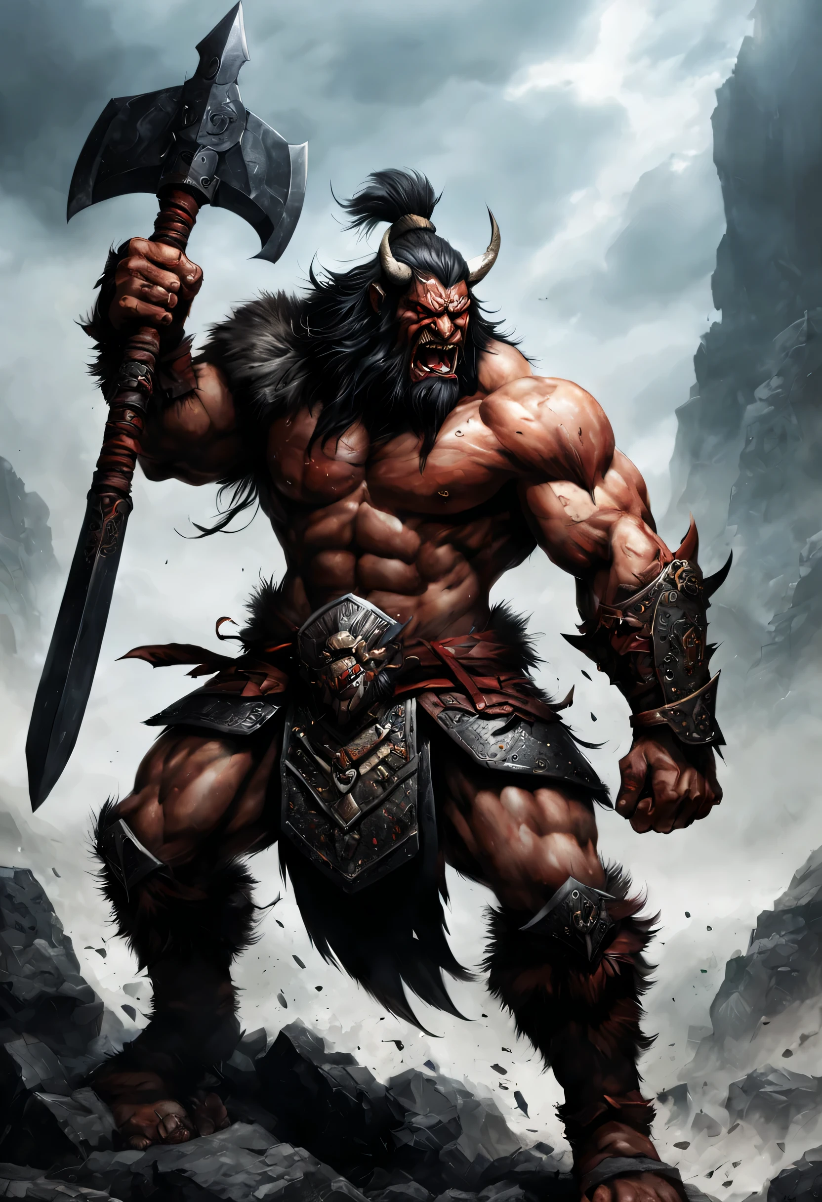 A man with a horned face and a horned head holding a large axe - SeaArt AI