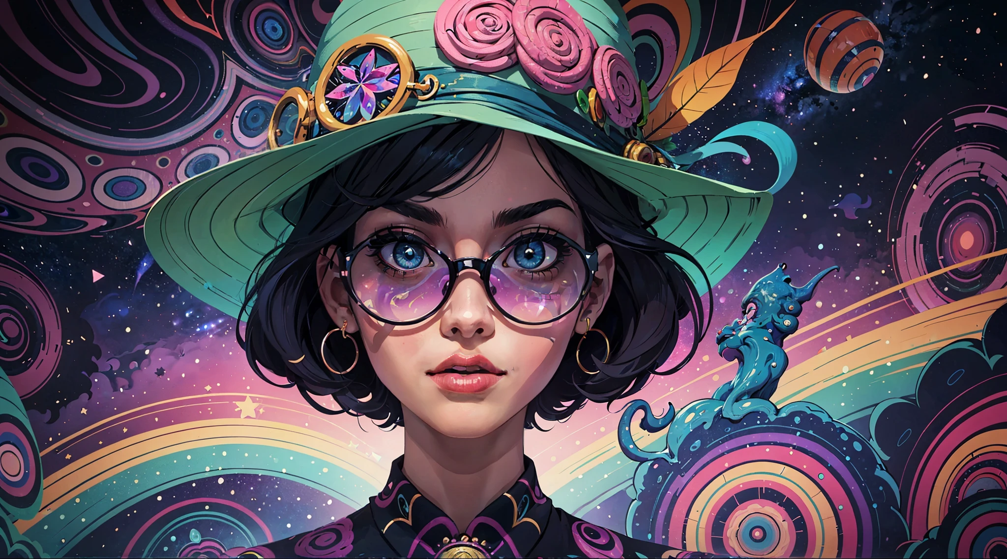 A close up of a person donning a hat and glasses, immersed in a psychedelic fever dream, in a retro psychedelic illustration style, reminiscent of an intense ??? trip. The scene is filled with surreal psychedelic designs, as if conjured from the depths of a hallucinogenic trip. Swirling colors and patterns dance around the figure's face, the hat and glasses adding a vintage touch to the psychedelic art style. The background, a psychedelic cosmic horror landscape, is intricately detailed, with stars and galaxies that seem to melt and contort in the psychedelic, conjured background. The overall mood