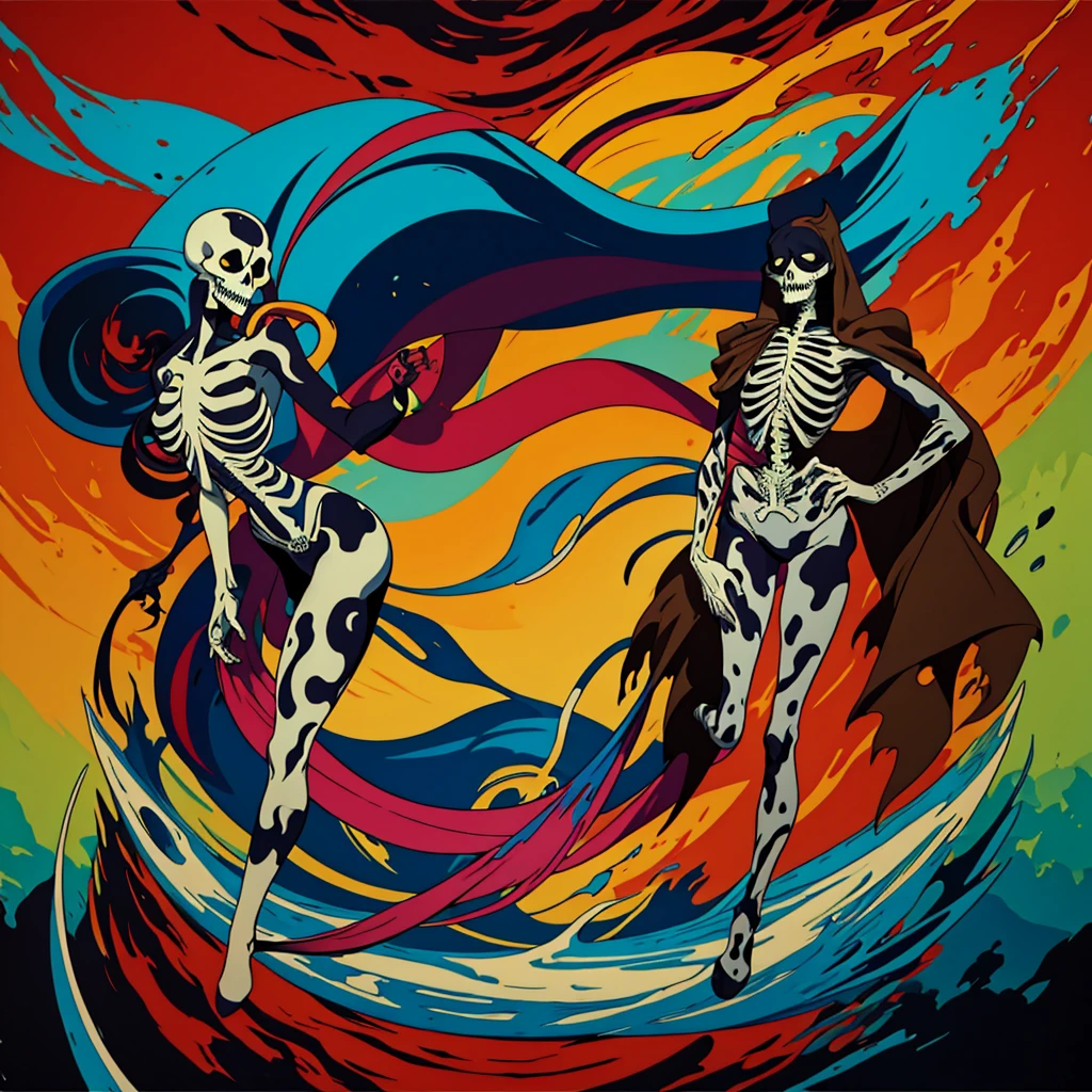 album cover, high quality, contemporary art, fusion distorted monster landscape, painting, fashion, 2d, with two color dominant, with a kind of stylish misshapen skeleton, in canvas painting inspiré par la pochette d’album de rounhaa Möbius