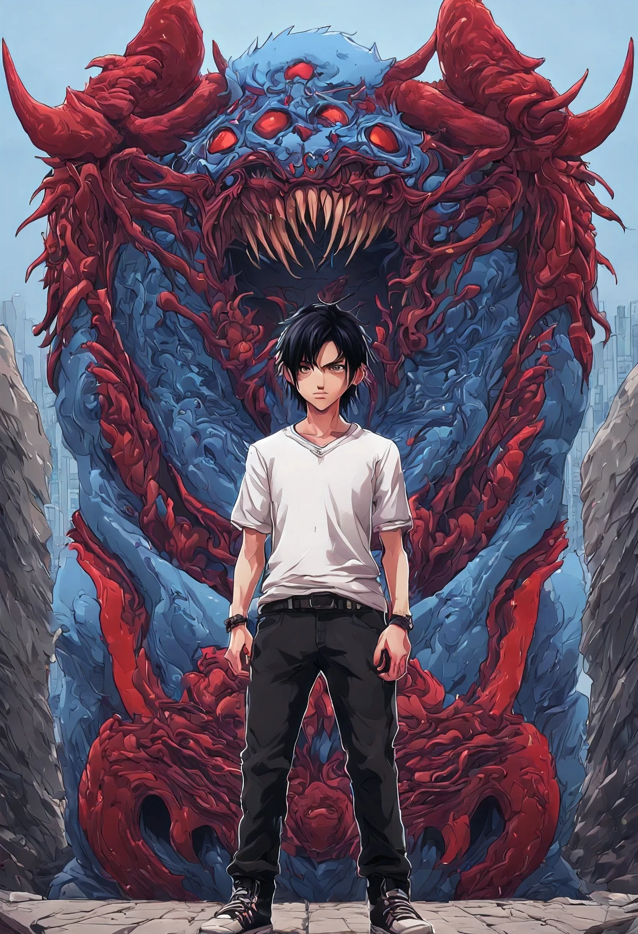 Detailed Anime Style, Masterpiece, Studio Quality, 6k, Full Body Shot, 1boy, Demon, Tusks, Teeth, Gray Eyes, Colored Skin, (Blue Colored Skin 0.9), Goth, Heavy Set, Black Hair, Detailed Background, Japenese Modern Town, Complementary Colors, Cinematic Lighting, Detailed Shading, Digital Texture Painting