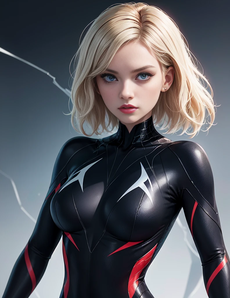 Ghost Spider, Gwen in a black costume with a white spider in the center of her chest, organic looking outfit, sticky forehead, symbiote, White eyes, Fine art, ,Highly detailed cinematic rendering, ultra photorealistic raytricing, With cinematic lighting、Elisha Cuthbert