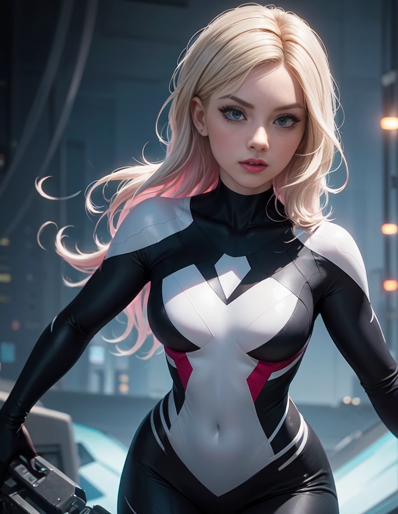 Ghost Spider, Gwen in a black costume with a white spider in the center of her chest, organic looking outfit, sticky forehead, symbiote, White eyes, Fine art, ,Highly detailed cinematic rendering, ultra photorealistic raytricing, With cinematic lighting、Elisha Cuthbert