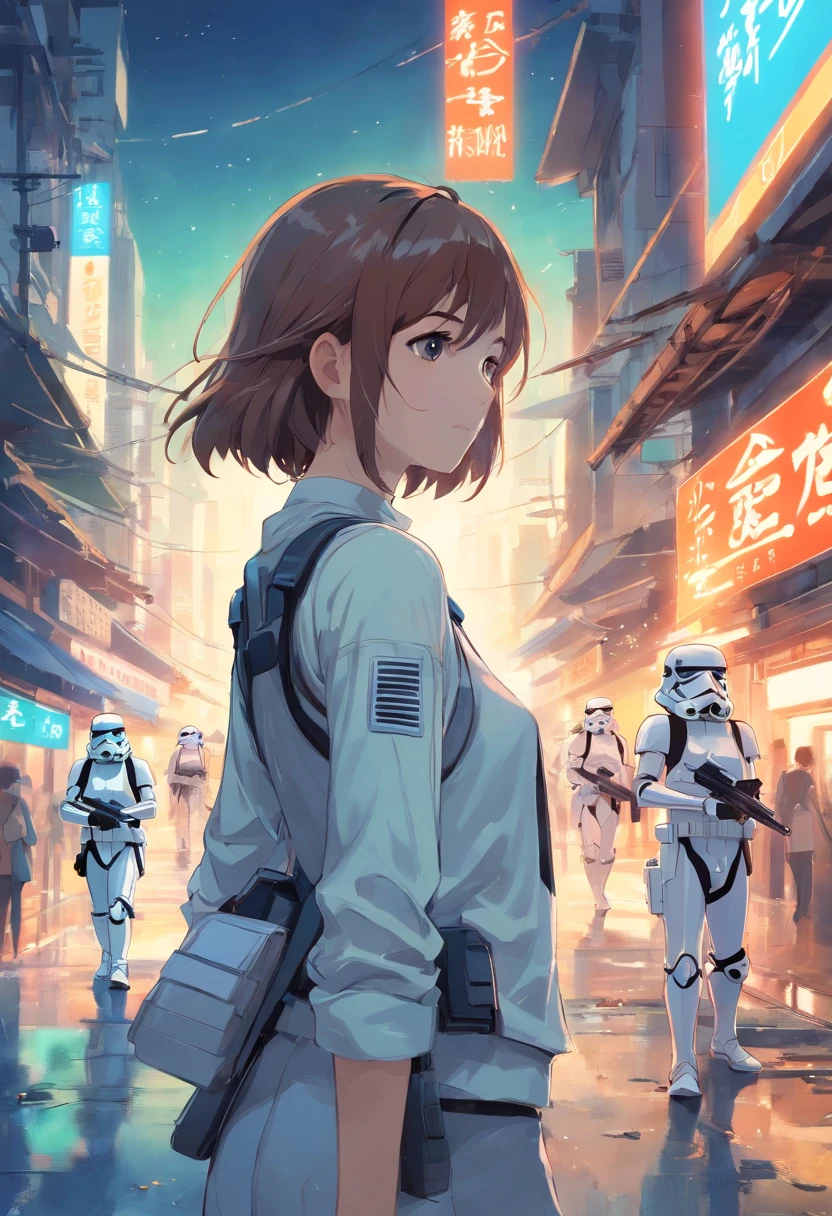 Die Stormtroopers Tuschezeichnung, digitale Illustration, Comic-Stil, Aquarell, ArtStation-Stil, Konzeptkunst, 2-D-Abbildung, von Peter Draw, von Carne Griffiths, von Wadim Kashin, hole body, Zentriert,detailliert, polite, dynamische Pose