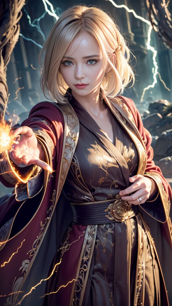 (regeneration of the skin:1.5), realistic, realistic, (Masterpiece:1.5), concept art, complicated details, Highly detailed, realistic, Octane rendering, 8ก, unreal engine, dynamic gesture, best quality, height, (realistic face:1.1), (Exaggerated:1.1), ((full_body)), perfect eyes,(Shiny skin:1.2), (((hairstyle))), (((perfect hand))), (very detailed background), ((dynamic background)), ((lightning)), (light rays), ((1 girl)), Wear a coat, (((flowing robe))), ((Detailed eyes, high quality eyes, high quality face)), (An extremely intricate robe., magical robes), short hair, casting lightning, electricity, rotating light, Radiant Power, Sparks, smoke, magic, ((Amazing)), epic, battlefield, depth of field, Bokeh, 4k, Gothic, human, particle,