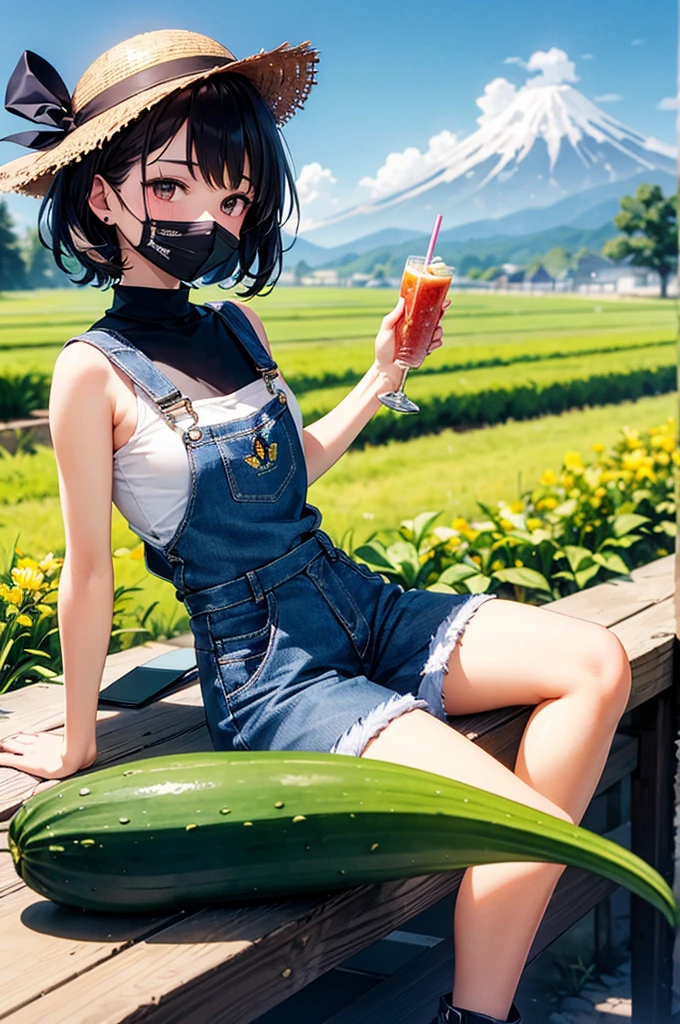 1 garota, Jovem, kind_olhos castanhos, vermelho escuro, Frohawk, arrogante _face, pele brilhante, medium breasts, nice leg line:1.3, coxas grossas, cintura fina, agricultor, simples, functional clothing appropriate for outdoor work, Like a straw hat, overalls, e botas resistentes, A large field or farm com crops growing and Japanese cucumber, Tending to o land, com a Japanese cucumber in hand, Plantar sementes ou colher culturas, taking care of livestock, Contente e em paz, alto_ponto_com_a_Claro_visualizar_de_o_estrelas, looking at visualizarer, random pose, dynamic angle, decote, Ombros nus, obra de arte, melhor qualidade