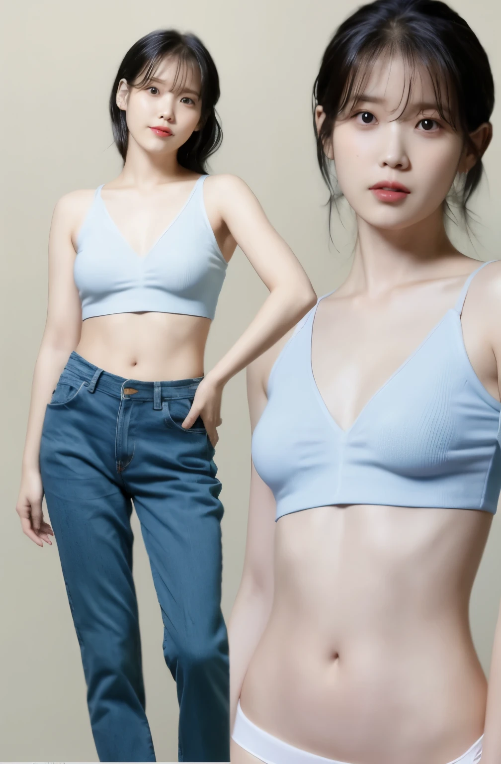 IU, whole body picture, wearing light blue jeans, short white sexy t-shirt showing waist and abdomen, perky , see through