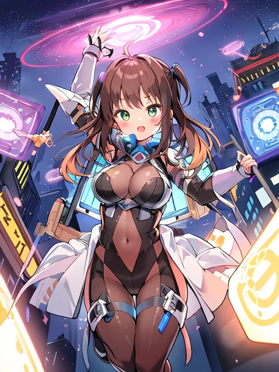 Extreme detail,masterpiece,futuristic city,girl with (energy shield):1.3,tight-fitting bodysuit,protecting herself from danger,using shield in battle,futuristic buildings,flying cars,shield growing brighter,repelling invader