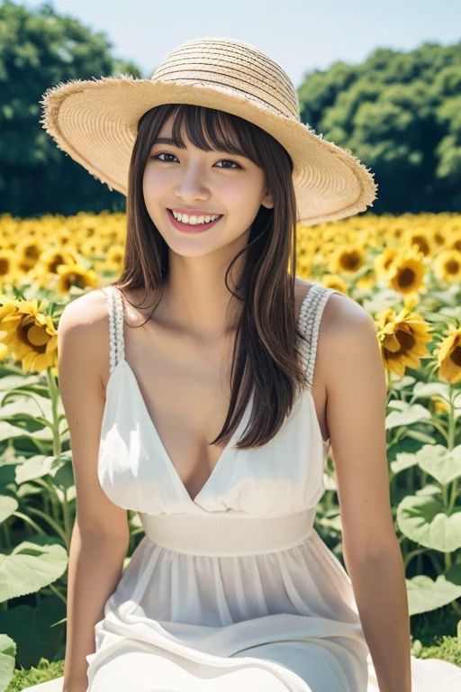 ((white dress、straw fedora hat、flower garden:1.2))、(realistic、Photoreal、super detailed、best detailed skins、highest quality、masterpiece、Super high resolution)、hotel room、sit on the sofa、realistic肌タイプ、thighs thighs thighs、simple background、cute japanese、、young girl、have bangs、double eyelid、drooling eyes、cute smile、attractive、purity、double teeth、watch here、the wind is blowing、summer sunshine、sunflower field、