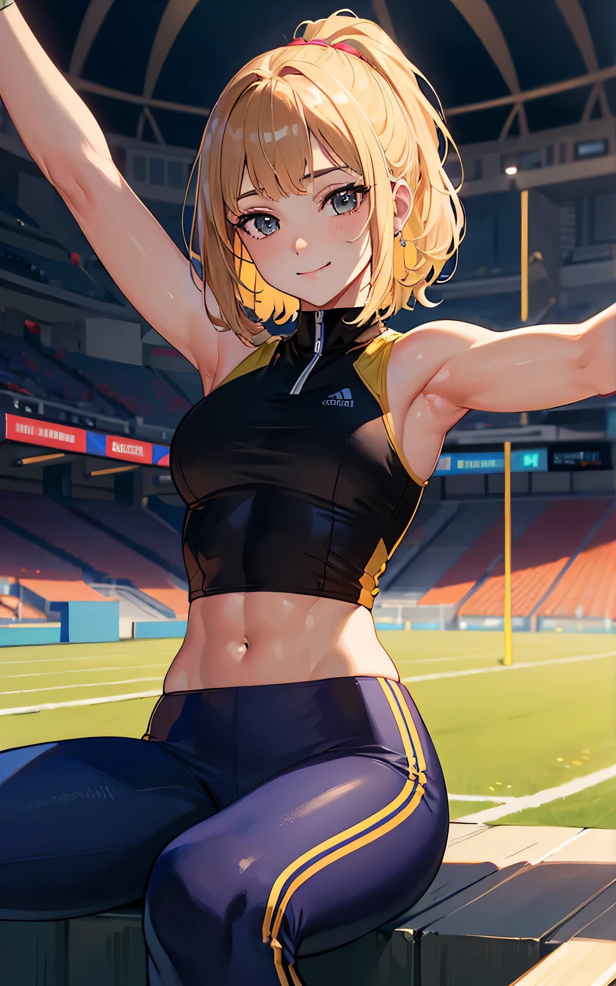Unity 8K Wallpaper, Masterpiece, Best Quality, Ultra Detailed, Extremely Detailed CG, Ultra High Resolution, Caustics, Detailed, Beautiful Detailed Eyes, solo, (portrait:1.3, athletics stadium, feminine muscles, track and field pants, Stretching), sitting, smile, brown eyes, blunt bangs, medium hair, spread legs, blonde hair