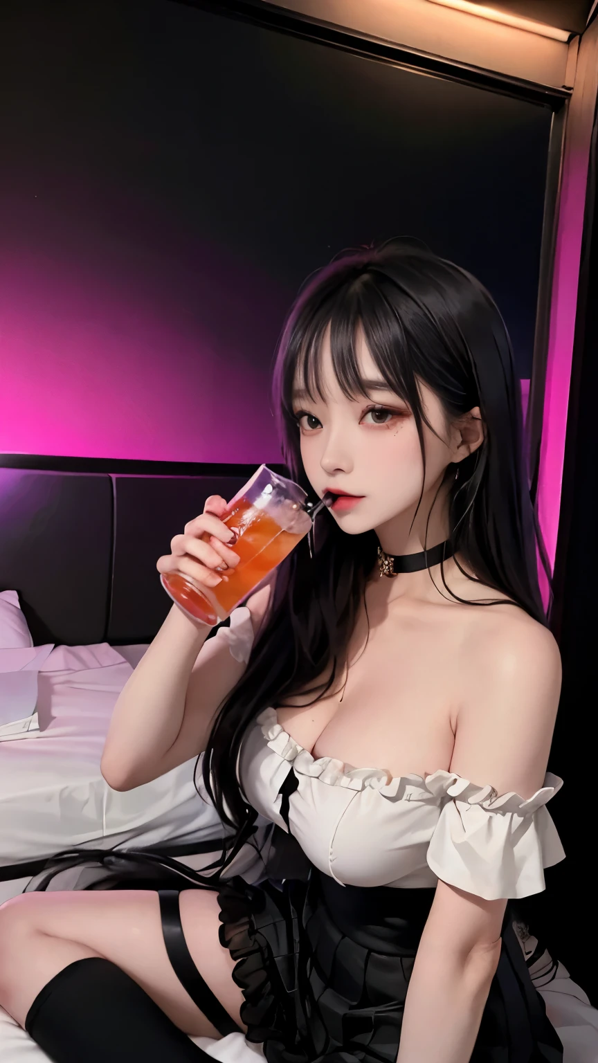 Off-shoulder and miniskirt with black frills、thick-soled short boots、garter belt & fishnet tights、long black hair、jirai make、jirai fashion、heavy makeup、perfect human body、big breasts、age girl、ダウンタウンの雑多な裏路地、缶に入ったアルコールをストローで飲む