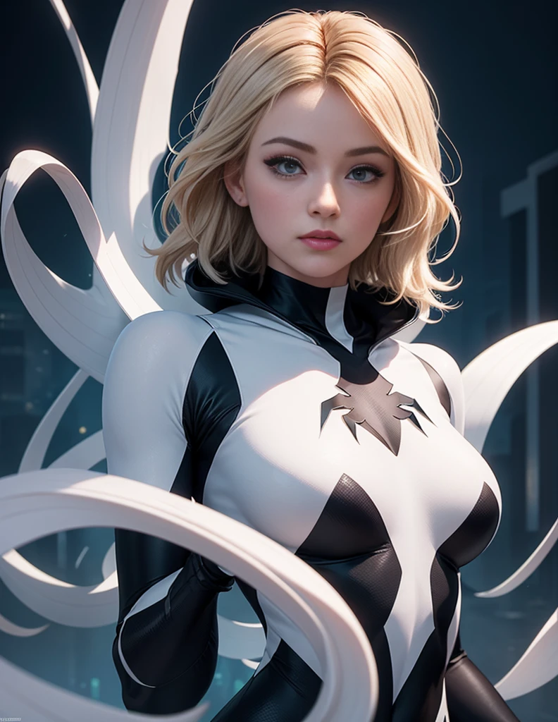 Ghost Spider, Gwen in a black costume with a white spider in the center of her chest, organic looking outfit, sticky forehead, symbiote, White eyes, Fine art, ,Highly detailed cinematic rendering, ultra photorealistic raytricing, With cinematic lighting、Olivia Wilde