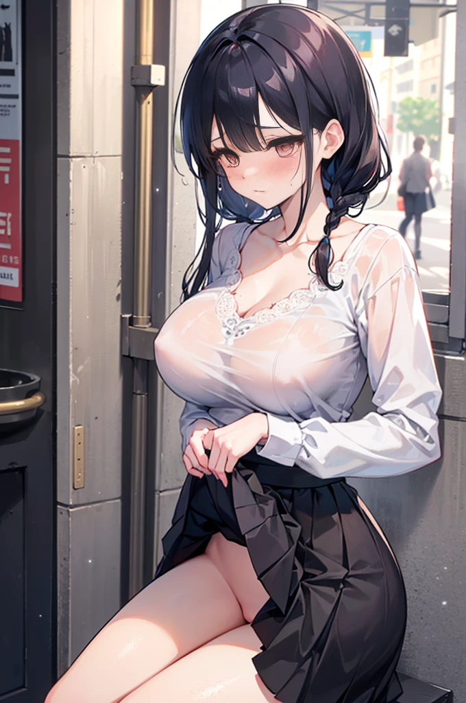 perfect human body,1 woman,Mature and intellectual woman, (Exposed publicly,street),braid, side braid, ,clavicle,((big breasts)),victorian style shirt,translucent,smooth thighs,((woman with fever)),(blush:1.2),(skirt lift),Absolute realm,shy,Fear,fear,cry,tears,