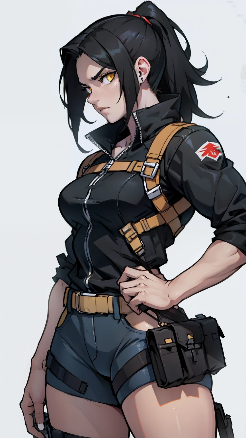 muscular girl thick black hair yellow eyes pale sad holster