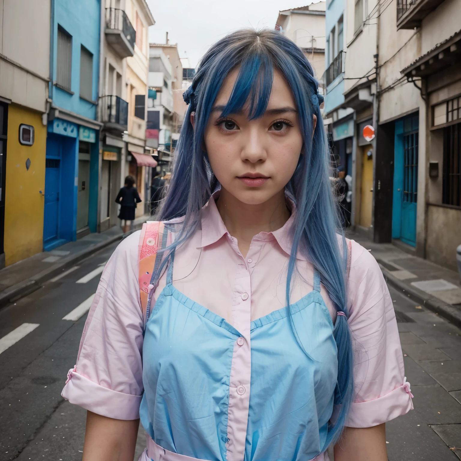 Chica Alafeld con cabello rosa y azul y camisa blanca., cabello rosa y azul, pastel colorido, inspirado por Yanjun Cheng, color rosa y azul, Salpicaduras de azul y rosa, azul y rosa, color rosa y azul, Estilo anime mezclado con Fujifilm, Cabello Harajuku, inspirado por Hikari Shimoda, japanese pop surrealism, Retrato realista kawaii, calle japonesa, posando, manos en la cadera,