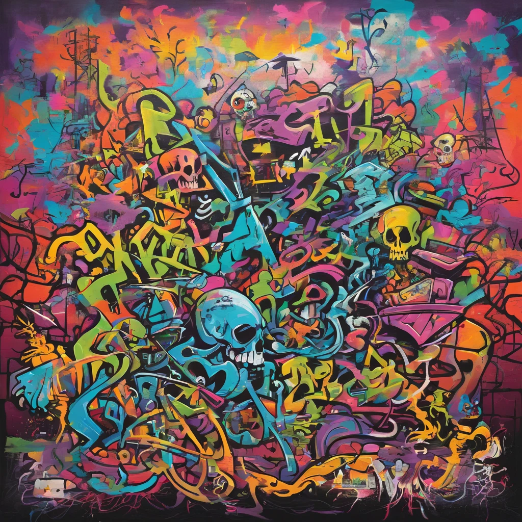 album cover, high quality, contemporary art, fusion distorted monster landscape, painting, fashion, 2d, with two color dominant, with a kind of stylish misshapen skeleton, in canvas painting