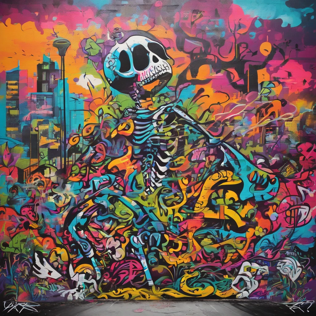 album cover, high quality, contemporary art, fusion distorted monster landscape, painting, fashion, 2d, with two color dominant, with a kind of stylish misshapen skeleton, in canvas painting