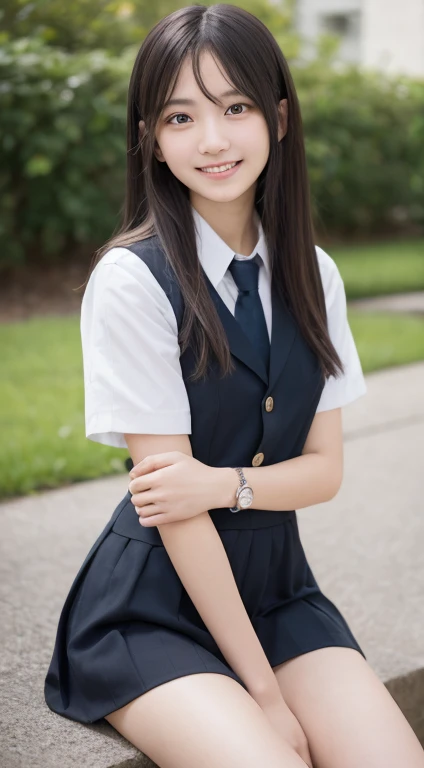 table top, highest quality, 8K, 18-year-old, japanese girl, RAW photo, disorganized, award-winning portraits, smile, smile, alone, , summer clothes, idol face,  gardenia, delicate girl, long black hair, black eyes, Upper body, Digital single-lens reflex camera, looking at the viewer, Frank, Sophisticated, zora々right, thin arms, professional lighting, film grain, chromatic aberration, (Eye and face details: 1.0), (Bokeh button:1.1)