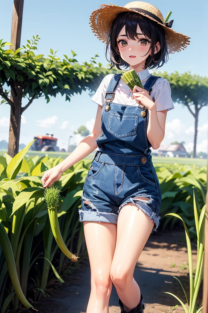 1 garota, Jovem, kind_olhos castanhos, vermelho escuro, Frohawk, arrogante _face, pele brilhante, medium breasts, nice leg line:1.3, coxas grossas, cintura fina, agricultor, simples, functional clothing appropriate for outdoor work, Like a straw hat, overalls, e botas resistentes, A large field or farm com crops growing and Japanese cucumber, Tending to o land, com a Japanese cucumber in hand, Plant Seeds or Harvest Leek Crops, taking care of livestock, Contente e em paz, alto_ponto_com_a_Claro_visualizar_de_o_estrelas, looking at visualizarer, random pose, dynamic angle, decote, Ombros nus, obra de arte, melhor qualidade