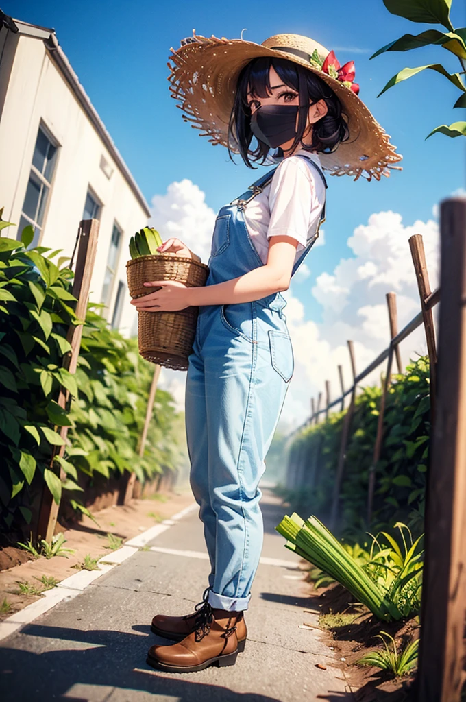 1 garota, Jovem, kind_olhos castanhos, vermelho escuro, Frohawk, arrogante _face, pele brilhante, medium breasts, nice leg line:1.3, coxas grossas, cintura fina, agricultor, simples, functional clothing appropriate for outdoor work, Like a straw hat, overalls, e botas resistentes, A large field or farm com crops growing and Japanese cucumber, Tending to o land, com a Japanese cucumber in hand, Plant Seeds or Harvest Leek Crops, taking care of livestock, Contente e em paz, alto_ponto_com_a_Claro_visualizar_de_o_estrelas, looking at visualizarer, random pose, dynamic angle, decote, Ombros nus, obra de arte, melhor qualidade