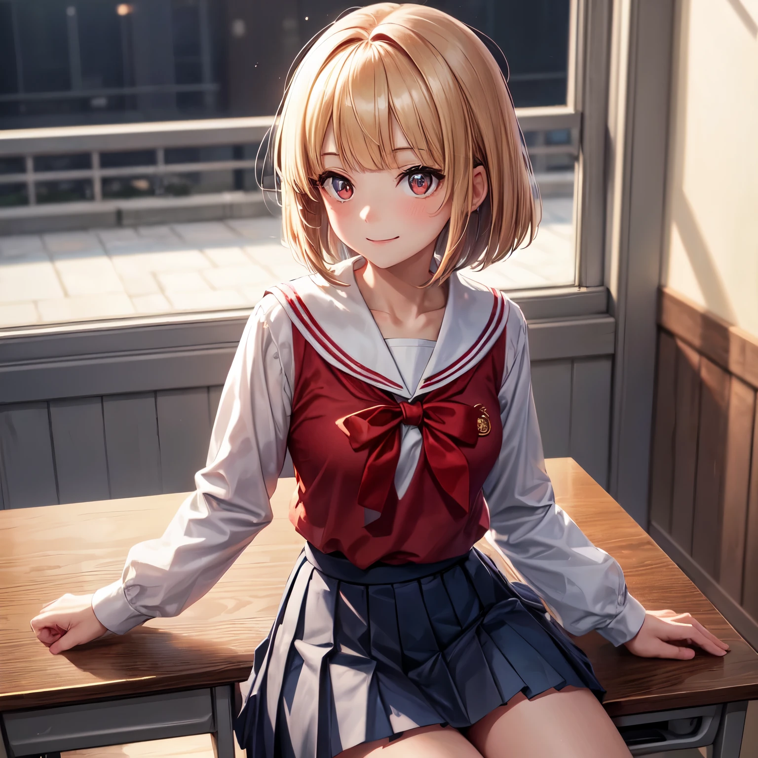 （In 8K, best quality, muste piece:1.2)、ultra high resolution、1 very cute and beautiful girl、detailed hand fingers,ultra-detailed face,cute eyes,cinema lighting、cute、Three white eyes,red eyes ,Beige hair,blunt bangs,bob cut,Cheerful look,blash,BREAK,Sailor One Piece, (red:1.4),white shirt collar,Dark blue ribbon ties, long sleeves,,(red and gray pleated skirt),Sitting on a desk in a classroom、solo、smile