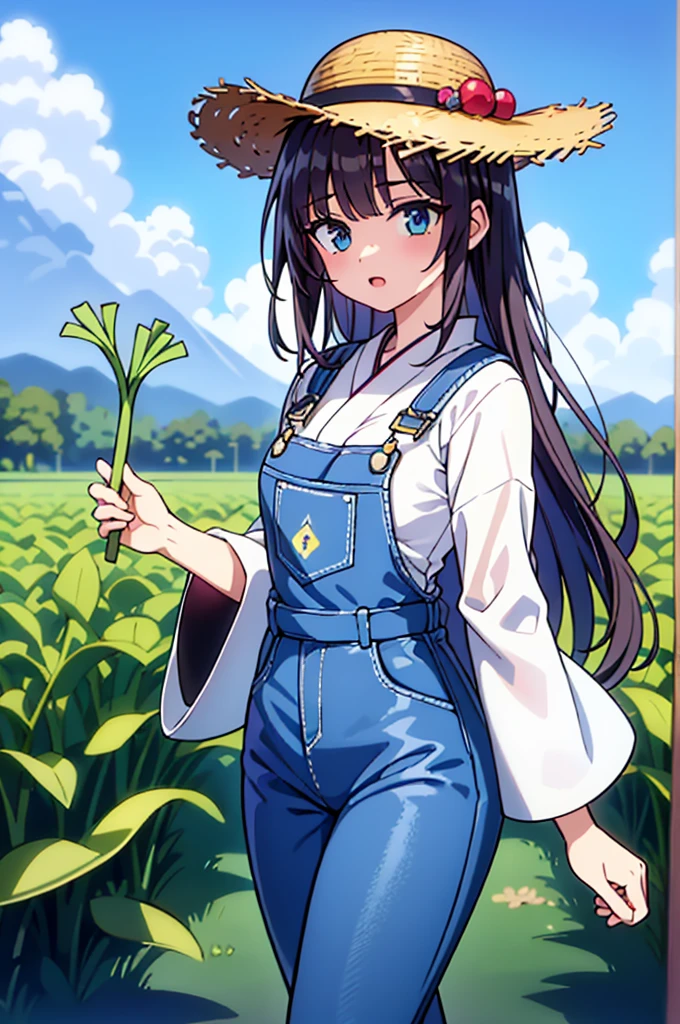 1 garota, Jovem, kind_olhos castanhos, vermelho escuro, Frohawk, arrogante _face, pele brilhante, medium breasts, nice leg line:1.3, coxas grossas, cintura fina, agricultor, simples, functional clothing appropriate for outdoor work, Like a straw hat, overalls, e botas resistentes, A large field or farm com crops growing and Japanese cucumber, Tending to o land, com a Japanese cucumber in hand, Plant Seeds or Harvest Leek Crops, taking care of livestock, Contente e em paz, alto_ponto_com_a_Claro_visualizar_de_o_estrelas, looking at visualizarer, random pose, dynamic angle, decote, Ombros nus, obra de arte, melhor qualidade