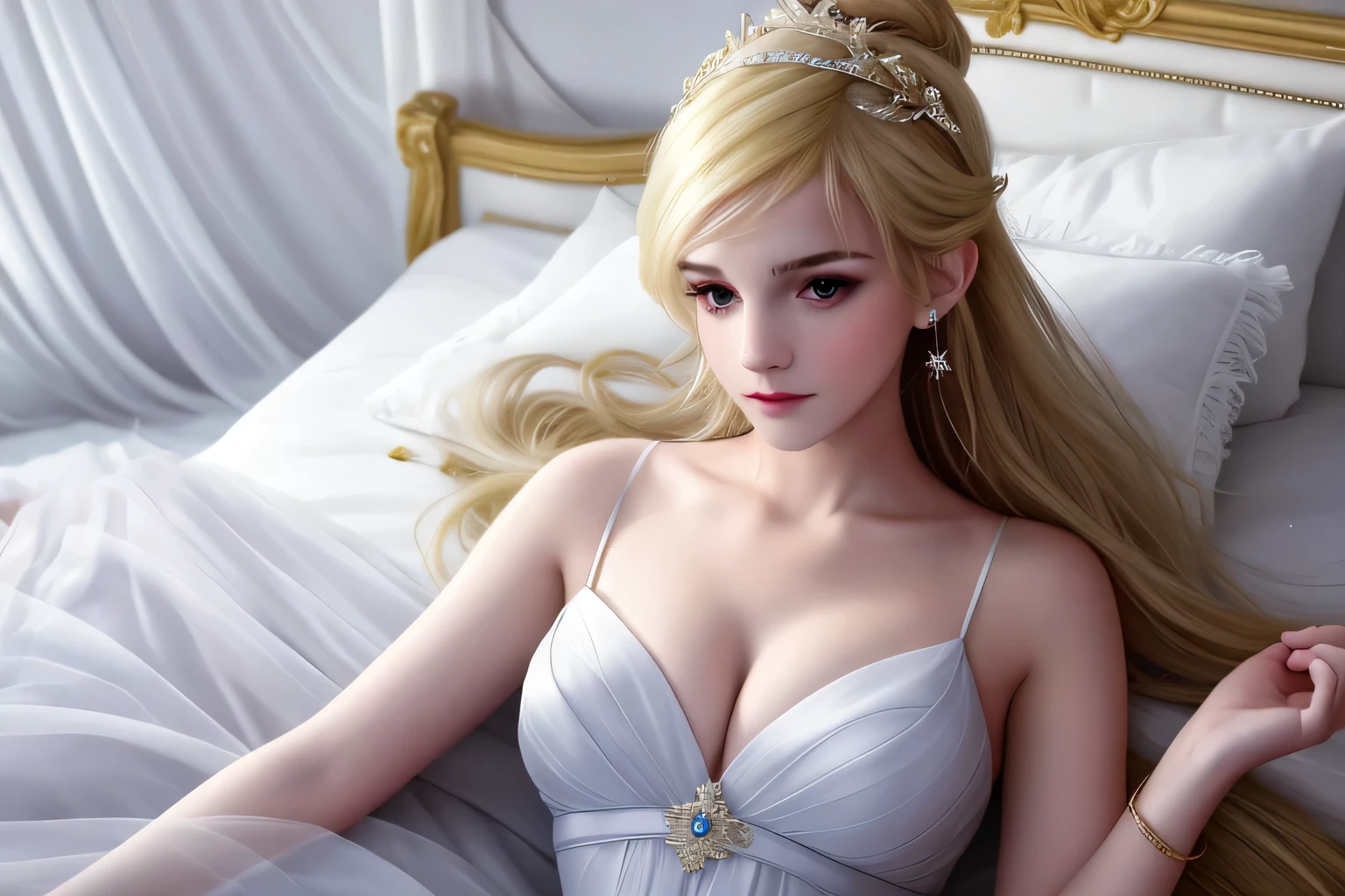 highest quality,masterpiece,High resolution,cg, 1 girl,arms,sword,long hair,dress,water,alone,jewelry,white dress,earrings,hair ornaments,scatter,Upper body,bun hair,blonde,Lying in bed Lit,Frank,photograph,High resolution,4K,8K,Bokeh,plump breasts,Emma Watson style