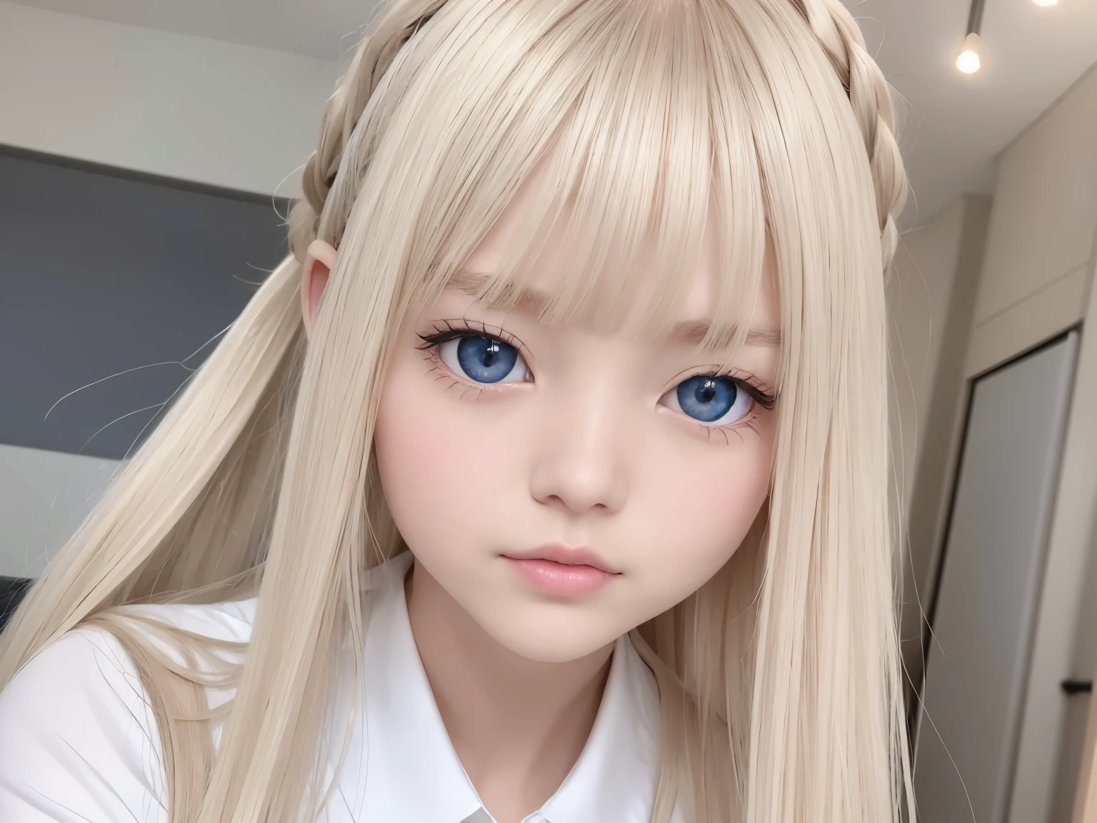 bright look、photorealism、highest quality、Super high resolution、picture、The most beautiful Nordic girls photos、cute and beautiful face details、small face、(Pueros face_v1:0.008)、美しいbangs、alice in wonderland、18-year-old、Shining white skin、ponytail、顔まで伸びるbangs、bangs、hair between eyes、super long hair、Attractive bright natural platinum blonde super long straight silky hair、thin hair、Charming shining beautiful bright clear light blue big eyes、school uniform、、eyeliner、double eyelid、ample breasts