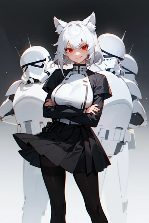 1girl with white hair and red eyes, wolf ears, black Pantyhose, uniform, standing, arms crossed, stormtrooper armor, evil smile, large breast, teasing, black skirt,